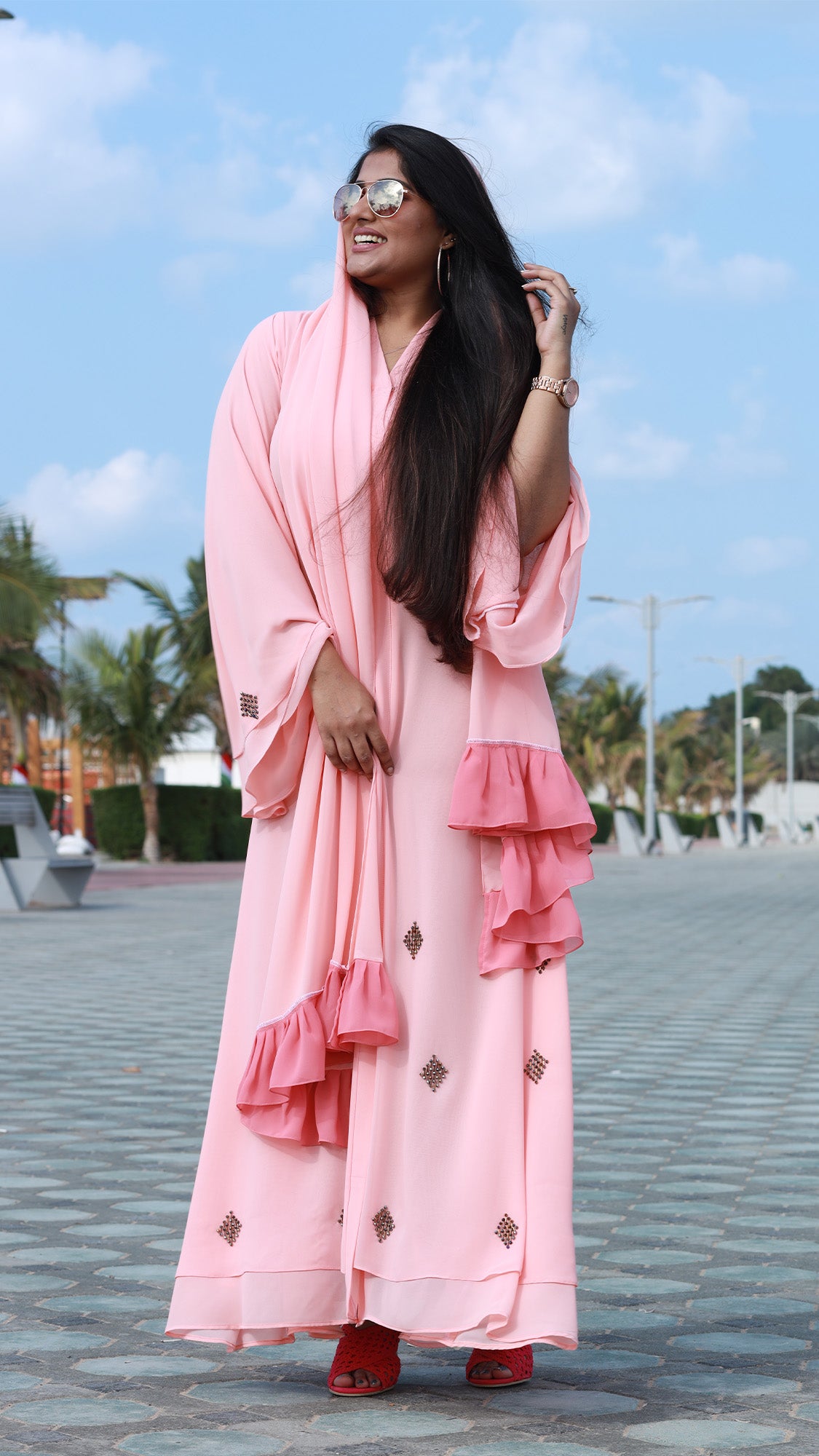 Blush Pink Stoned Chiffon Abaya with Ruffle Hijab - 092678