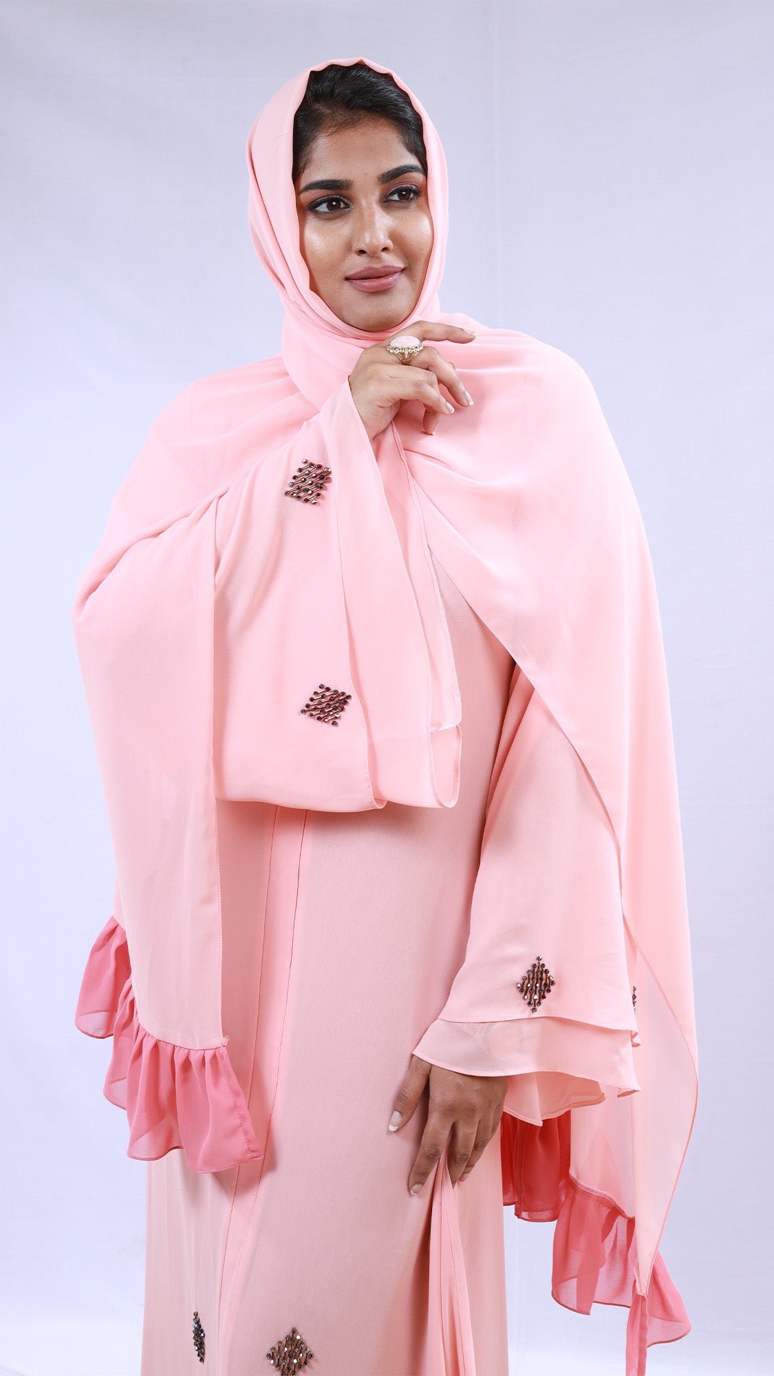 Blush Pink Stoned Chiffon Abaya with Ruffle Hijab - 092678