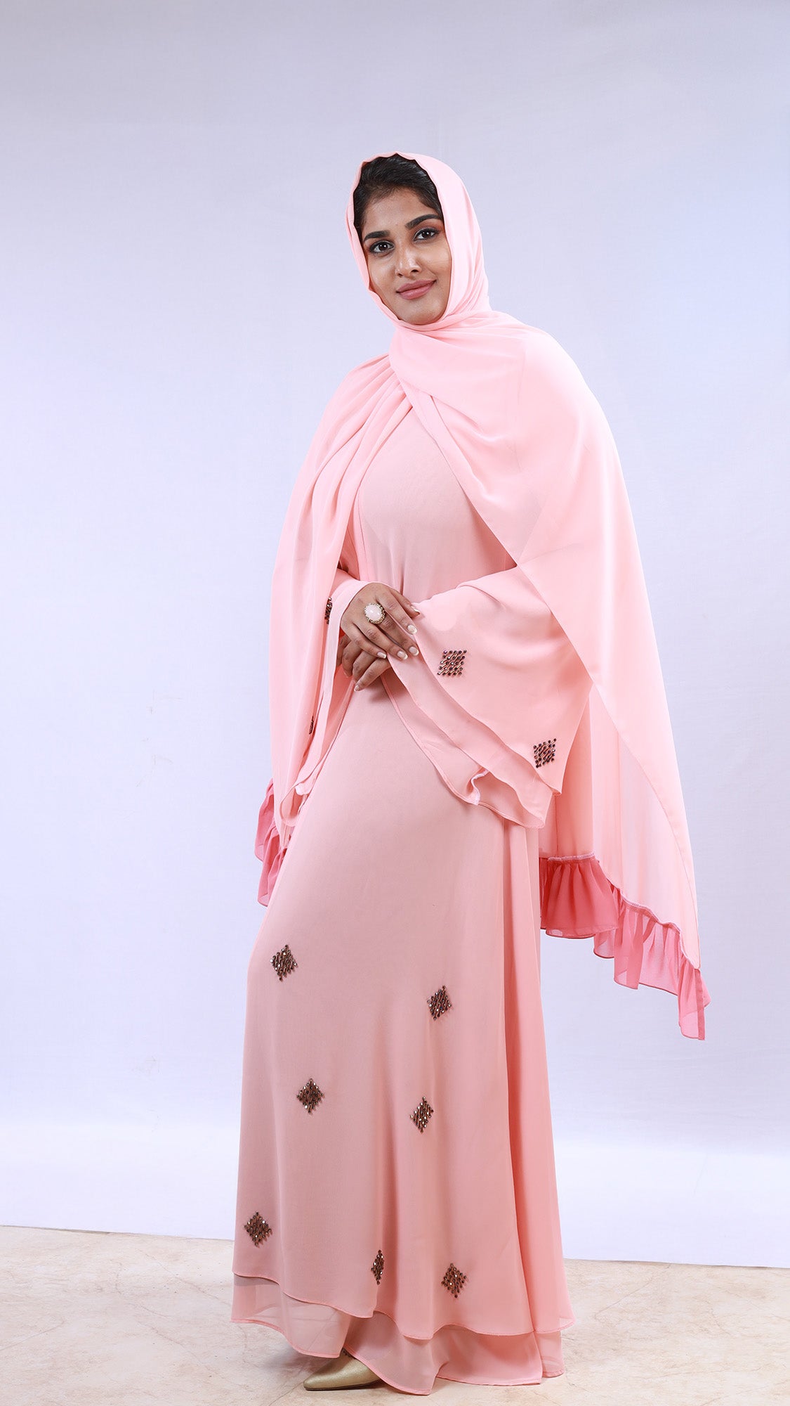 Blush Pink Stoned Chiffon Abaya with Ruffle Hijab - 092678