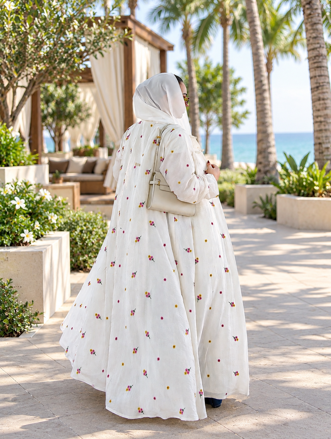White Floral Embroidered Long Abaya - 0926110