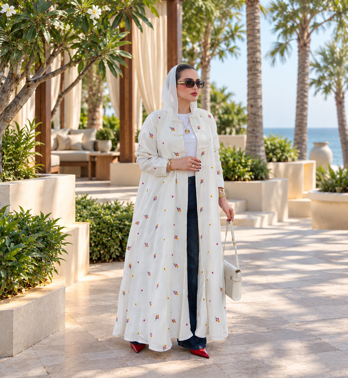 White Floral Embroidered Long Abaya - 0926110