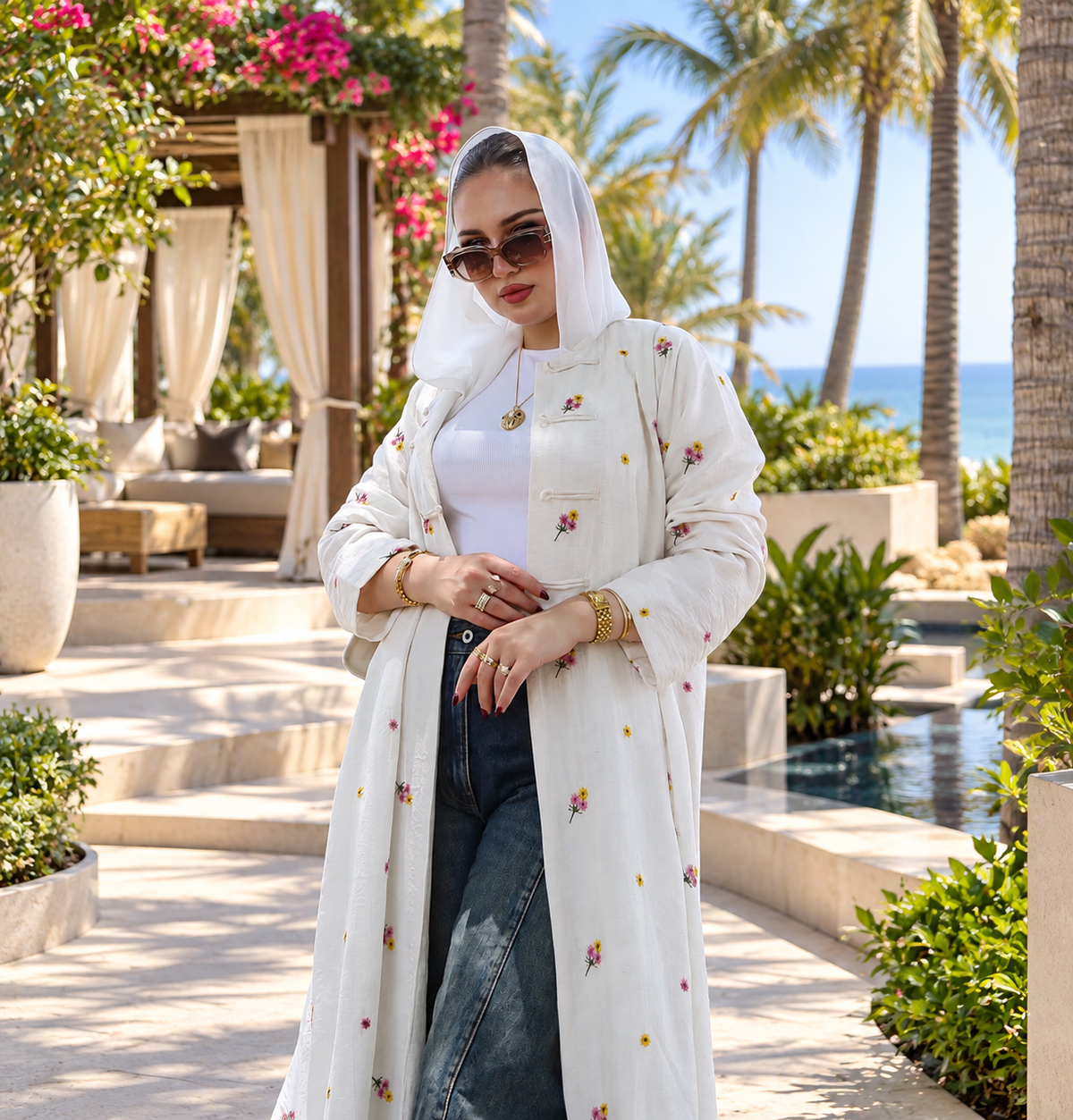 White Floral Embroidered Long Abaya - 0926110