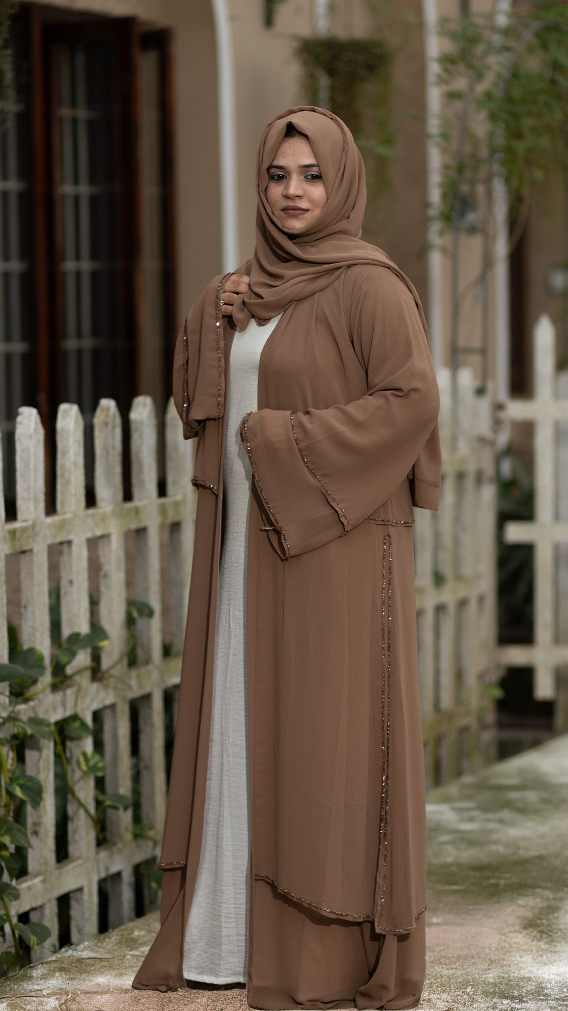 Mocha Brown Layered Embellished Abaya Set - 092665