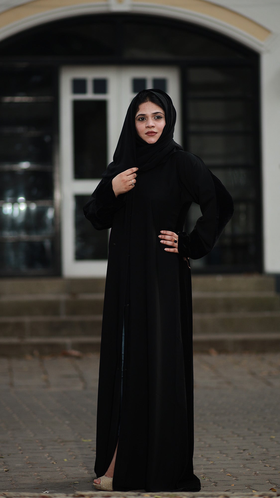 Black Velvet Cuff Embroidered Abaya Set - 092666