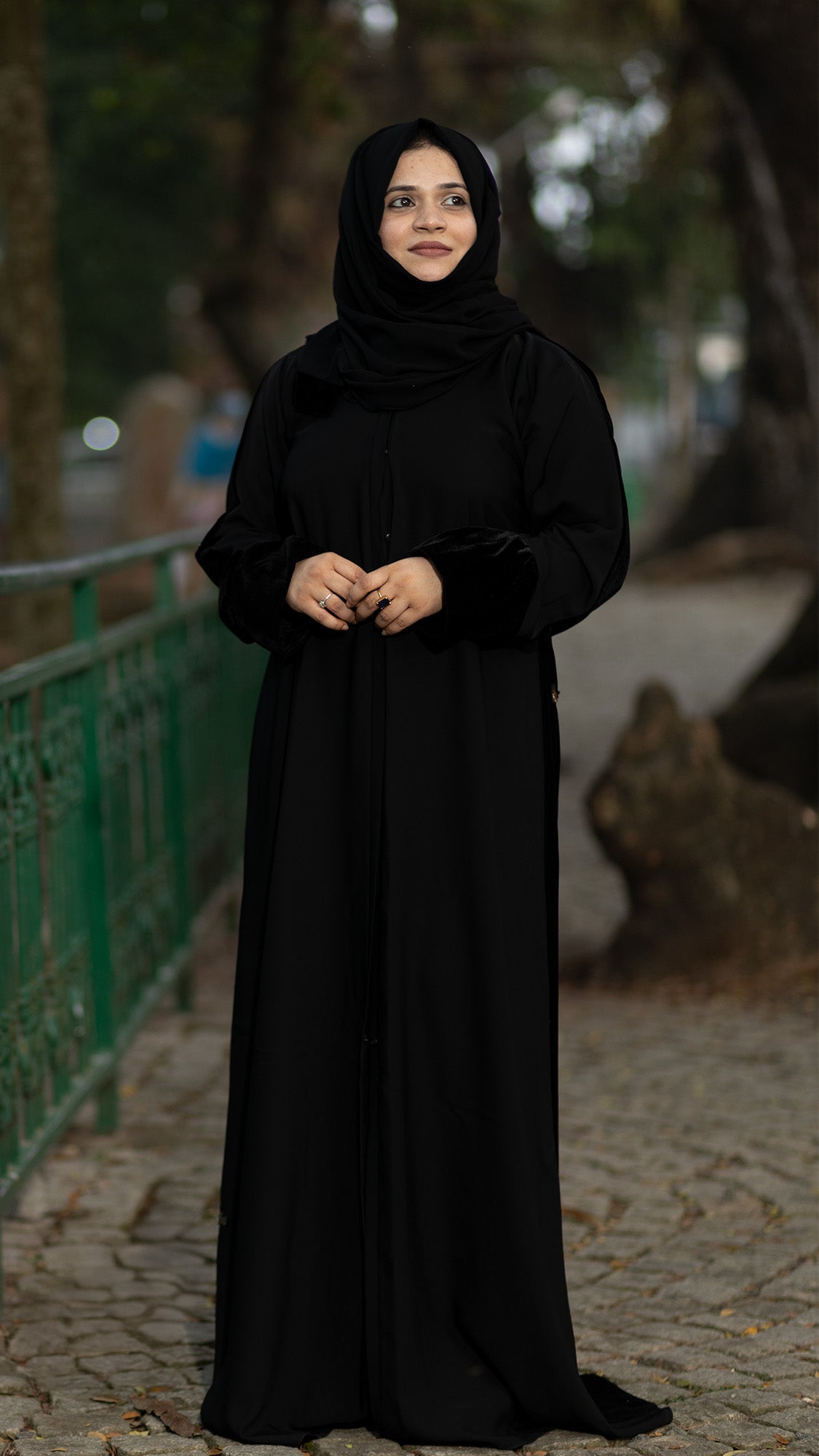 Black Velvet Cuff Embroidered Abaya Set - 092666