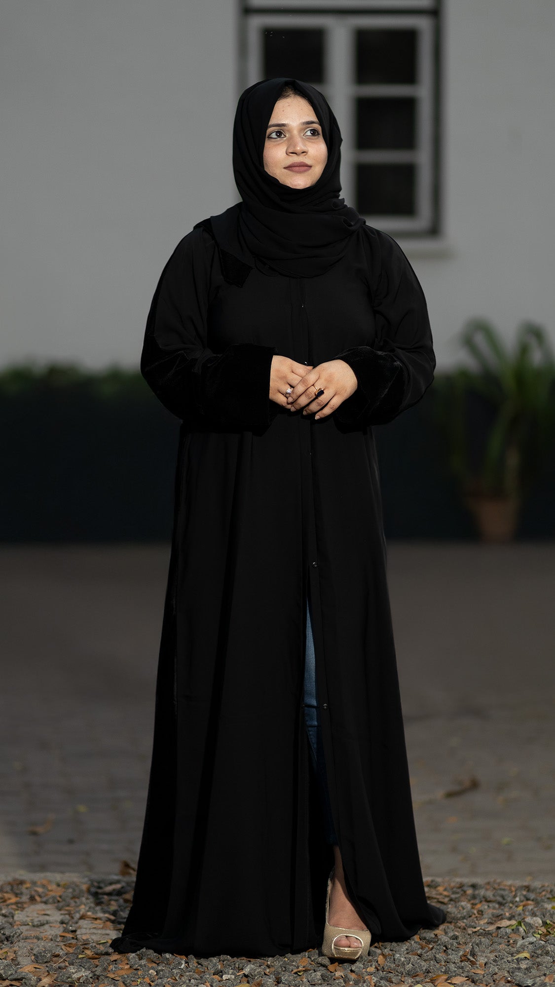 Black Velvet Cuff Embroidered Abaya Set - 092666