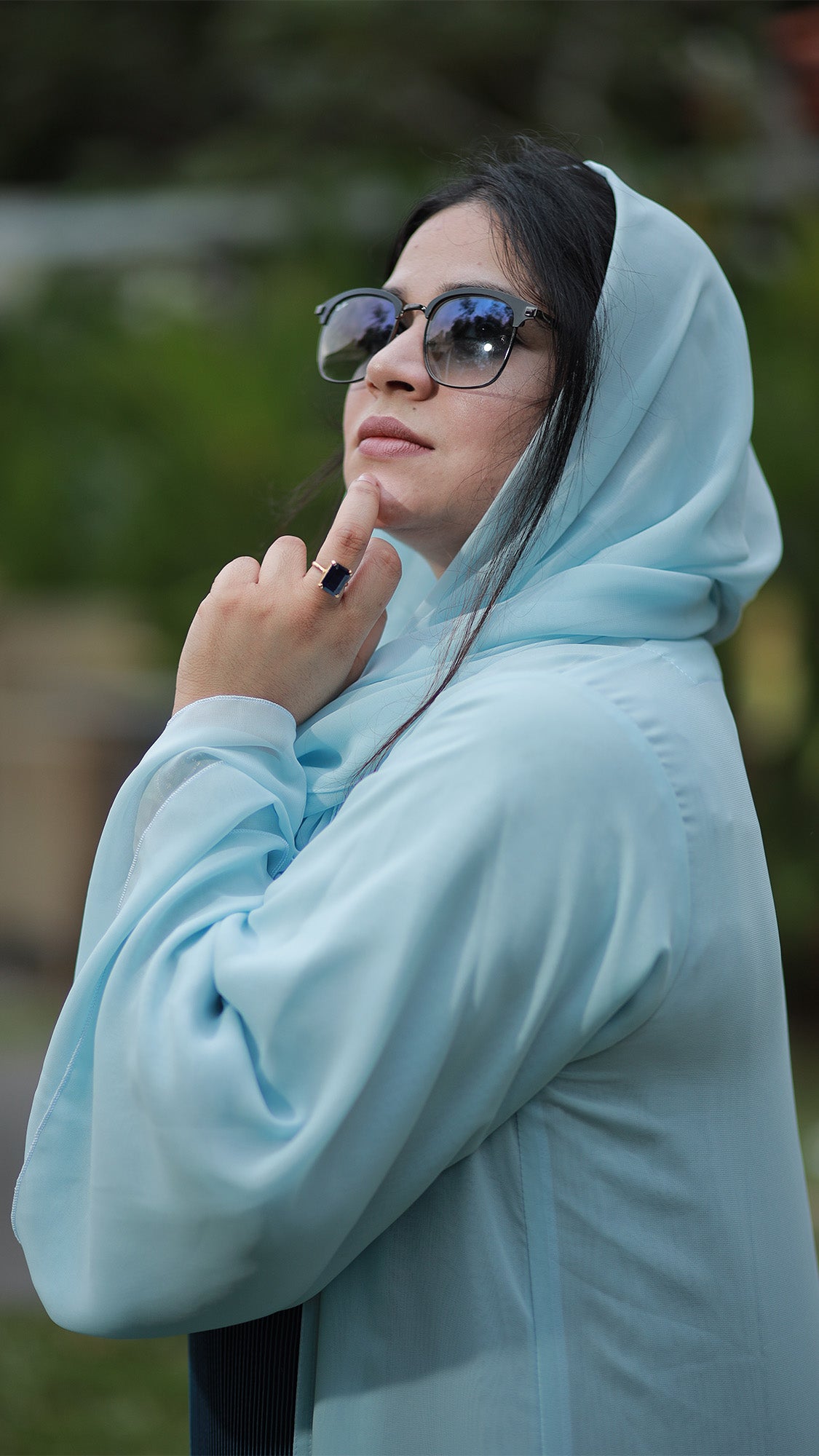 Ice Blue Layered Chiffon Abaya Set - 092663