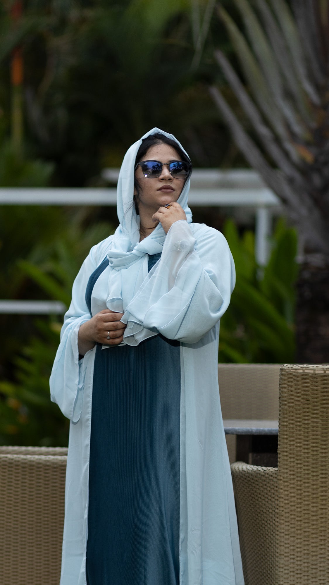 Ice Blue Layered Chiffon Abaya Set - 092663