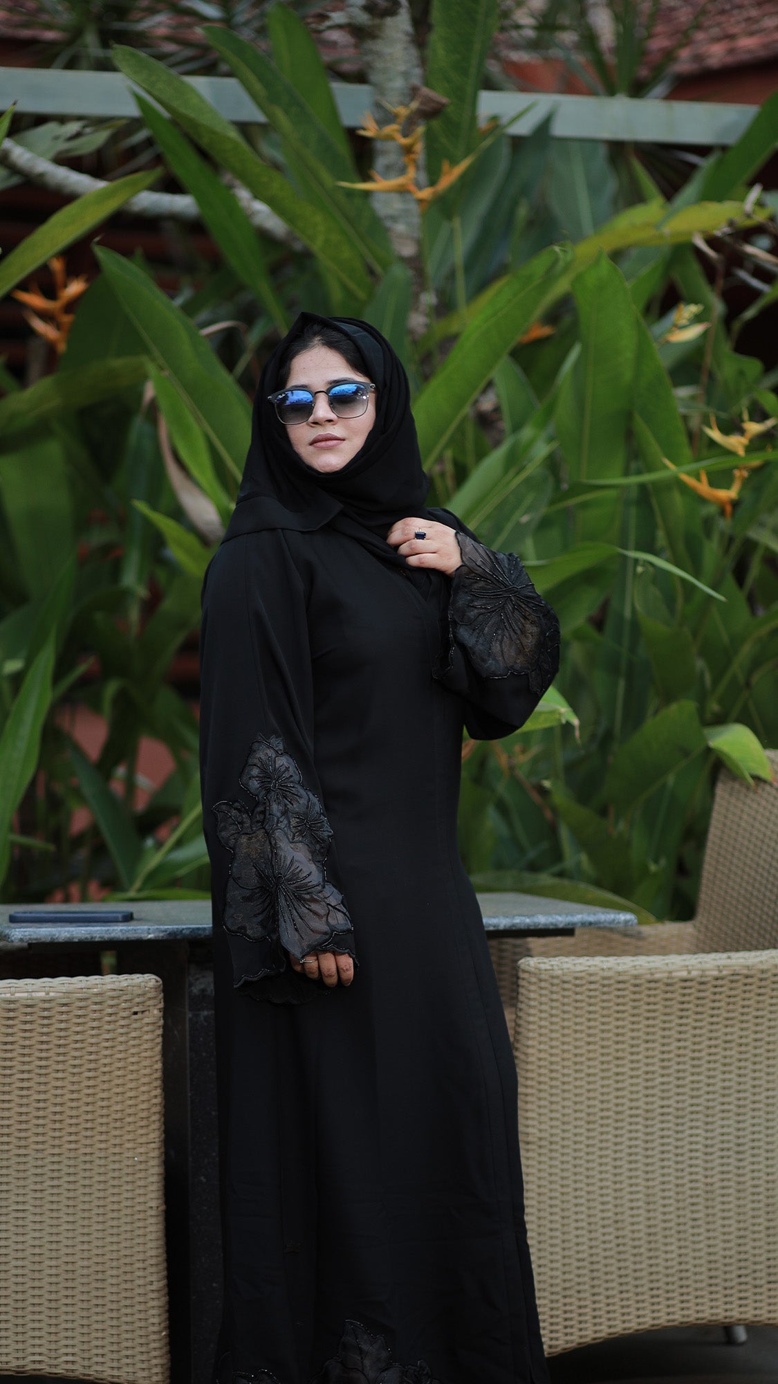 Black Floral Appliqué Abaya - 092662